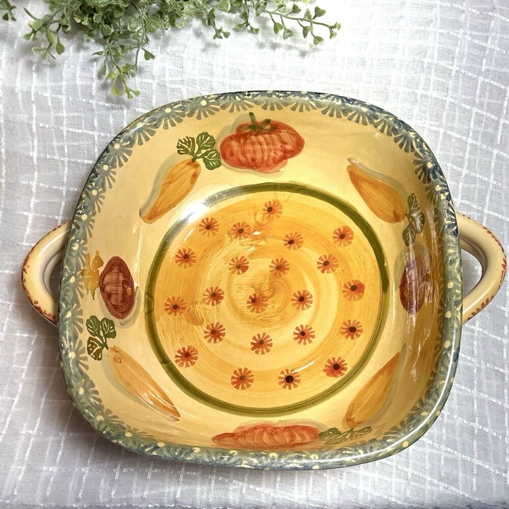 Dish Casserole Hand Painted Italy Floral Fruit Ceramic Bowl Double Handle VTG